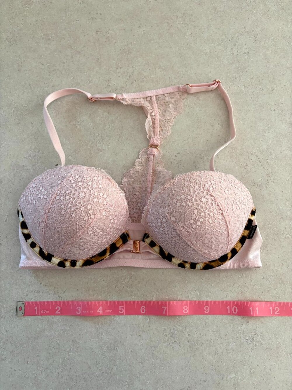 Pink Victoria's Secret Date Push Up Bra 32C Racer back Pink Lace Leopard print